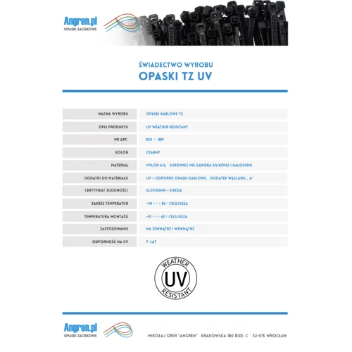 Wysokiej jakości opaski zaciskowe z certyfikatem Czarne UV 100x2,5mm